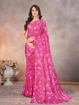 Garden VARELI - Women Pink Abstract Chiffon Saree Without Blouse