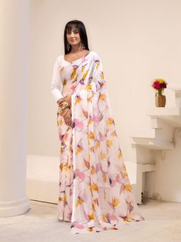 Garden VARELI - Women Off White Floral Chiffon Saree Without Blouse