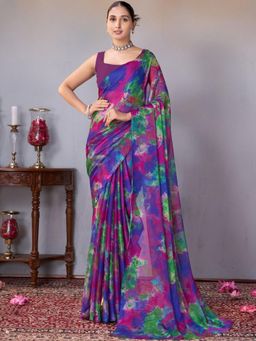Garden VARELI - Women Purple Tie & Dye Chiffon Saree Without Blouse