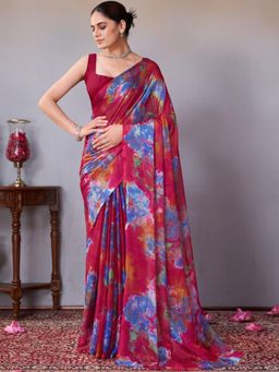 Garden VARELI - Women Red Tie & Dye Chiffon Saree Without Blouse