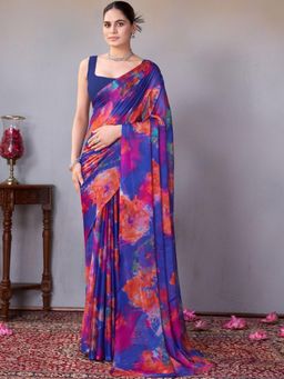Garden VARELI - Women Blue Tie & Dye Chiffon Saree Without Blouse