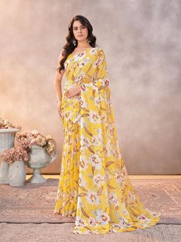 Garden VARELI - Women Yellow Floral Chiffon Saree Without Blouse