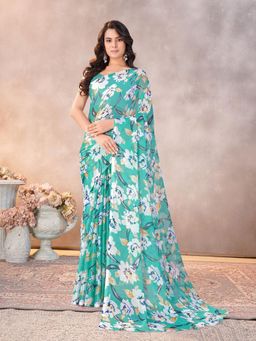 Garden VARELI - Women Turquoise Floral Chiffon Saree Without Blouse