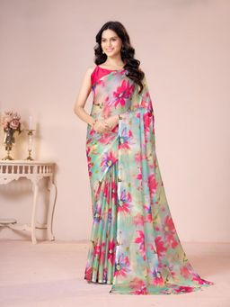 Garden VARELI - Women Pink Floral Chiffon Saree Without Blouse