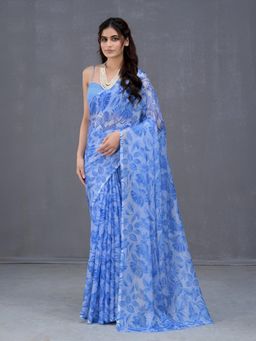 Garden VARELI - Blue Floral Chiffon Saree Without Blouse