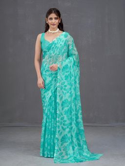 Garden VARELI - Turquoise Floral Chiffon Saree Without Blouse