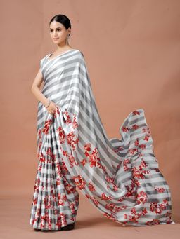 Garden VARELI - Grey Stripes Crepe Saree with Unstitched Blouse