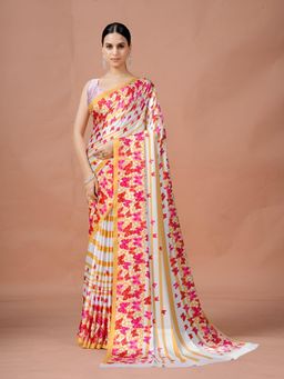 Garden VARELI - Orange Floral Crepe Saree with Unstitched Blouse