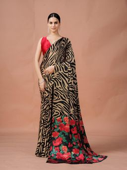 Garden VARELI - Brown Floral Crepe Saree Without Blouse