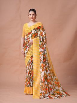 Garden VARELI - Yellow Floral Georgette Saree Without Blouse