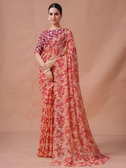 Garden VARELI - Red Floral Viscose Saree with Unstitched Blouse