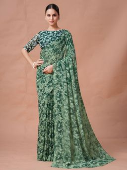 Garden VARELI - Green Floral Viscose Saree with Unstitched Blouse