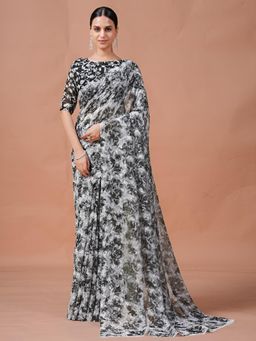 Garden VARELI - Grey Floral Viscose Saree Without Blouse