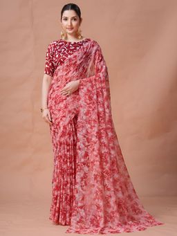 Garden VARELI - Red Floral Viscose Saree Without Blouse
