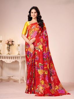 Garden VARELI - Red Floral Georgette Saree with Unstitched Blouse