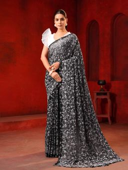 Garden VARELI - Black Floral Viscose Saree with Unstitched Blouse