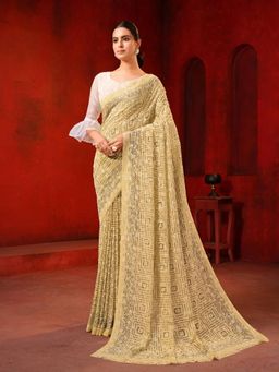 Garden VARELI - Yellow Floral Viscose Saree Without Blouse