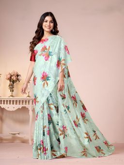 Garden VARELI - Green Floral Georgette Saree Without Blouse