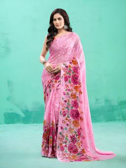 Garden VARELI - Pink Floral Viscose Saree Without Blouse
