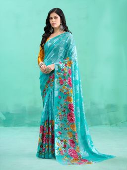 Garden VARELI - Teal Floral Viscose Saree with Unstitched Blouse
