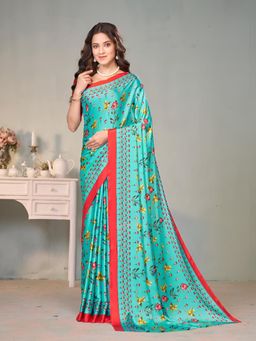 Garden VARELI - Turquoise Floral Crepe Saree Without Blouse