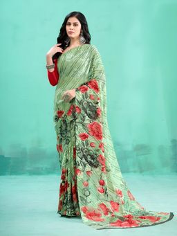 Garden VARELI - Green Floral Viscose Saree Without Blouse
