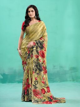 Garden VARELI - Olive Floral Viscose Saree with Unstitched Blouse