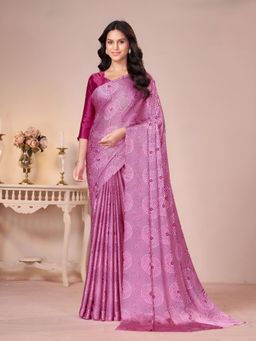 Garden VARELI - Pink Printed Crepe Saree with Unstitched Blouse