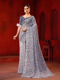 Garden VARELI - Blue Floral Viscose Saree Without Blouse