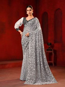 Garden VARELI - Black Floral Viscose Saree Without Blouse