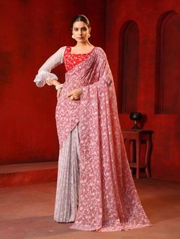 Garden VARELI - Red Floral Viscose Saree with Unstitched Blouse