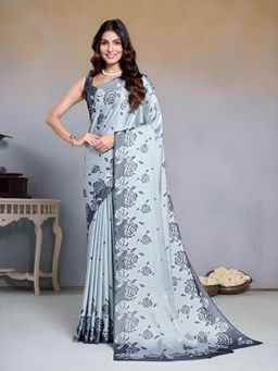Garden VARELI - Grey Floral Crepe Saree with Unstitched Blouse