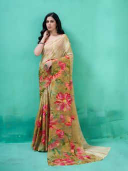 Garden VARELI - Olive Floral Viscose Saree Without Blouse