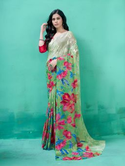 Garden VARELI - Green Floral Viscose Saree Without Blouse
