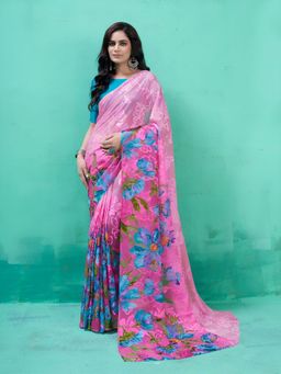Garden VARELI - Pink Floral Viscose Saree with Unstitched Blouse