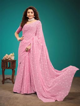 Garden VARELI - Pink Floral Viscose Saree Without Blouse