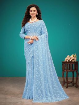 Garden VARELI - Blue Floral Viscose Saree Without Blouse