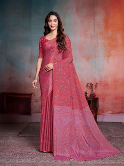 Garden VARELI - Red Floral Crepe Saree with Unstitched Blouse