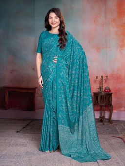 Garden VARELI - Teal Floral Crepe Saree Without Blouse