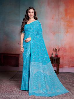 Garden VARELI - Turquoise Floral Crepe Saree Without Blouse