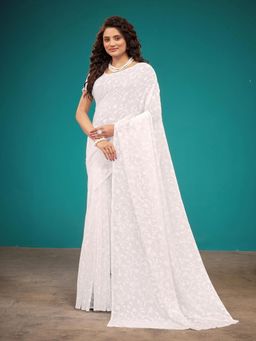 Garden VARELI - White Floral Viscose Saree Without Blouse