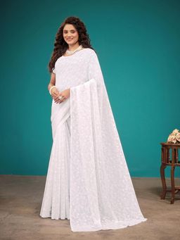 Garden VARELI - White Floral Viscose Saree Without Blouse
