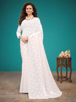 Garden VARELI - White Floral Viscose Saree Without Blouse