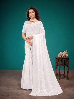 Garden VARELI - White Floral Viscose Saree Without Blouse