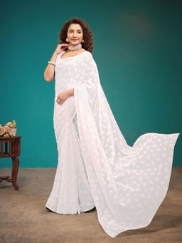 Garden VARELI - White Floral Viscose Saree Without Blouse