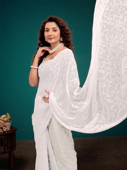 Garden VARELI - White Floral Viscose Saree Without Blouse