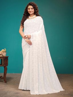 Garden VARELI - White Floral Viscose Saree Without Blouse