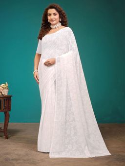 Garden VARELI - White Floral Viscose Saree Without Blouse