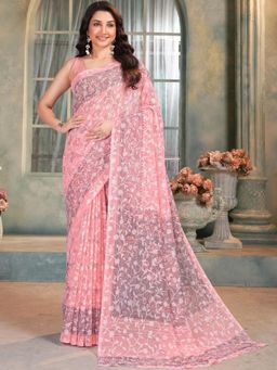 Garden VARELI - Pink Floral Viscose Saree Without Blouse
