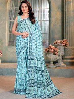 Garden VARELI - Blue Floral Viscose Saree Without Blouse